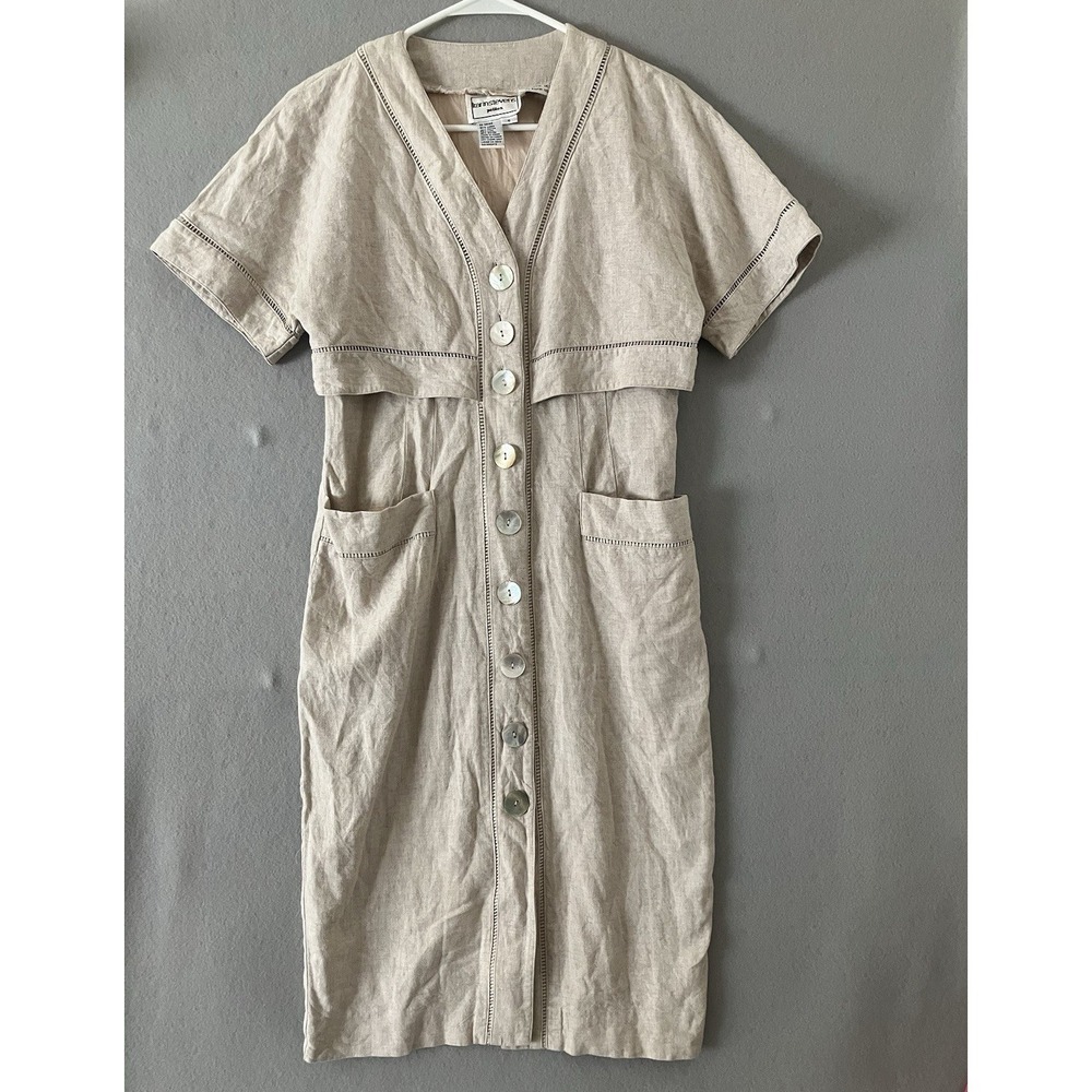 Vintage Karin Stevens  Linen Blend Dress Oatmeal Taupe Cottage Prairie Size 6